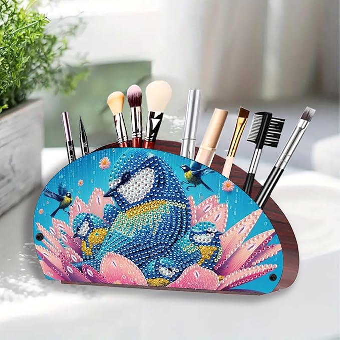 Remote Control Holder with 4 Compartments, DIY Diamond Art Painting Wooden Half Moon TV Control Holder for Remote Controllers, Office Supplies, Makeup Brush, Media Accessories-Bird-1