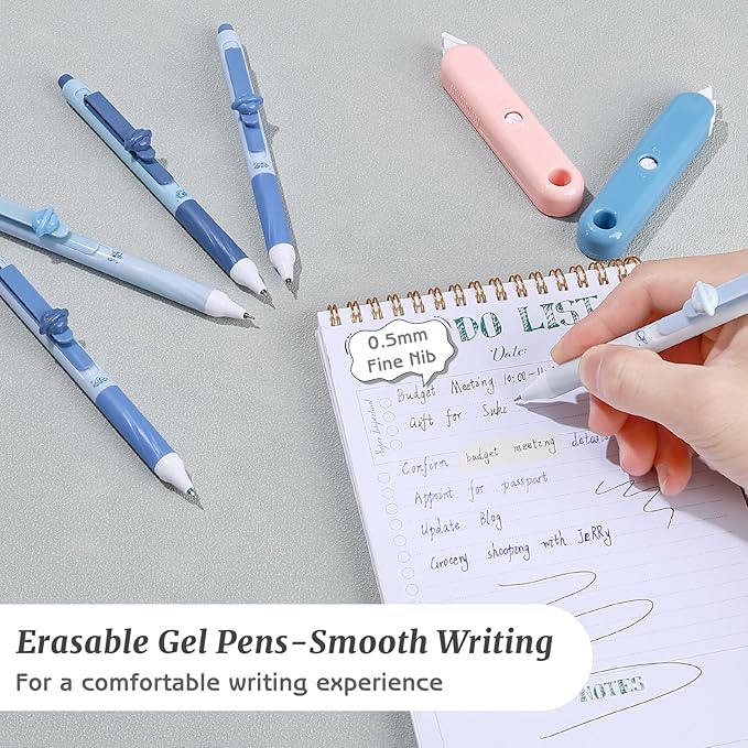 8 Pcs Cute Erasable Gel Pens with Erasers, 0.5 mm Fine Point Black & Blue Ink Pens, Smooth Writing Retractable Pen for Note Taking and Crossword Puzzles (Blue)