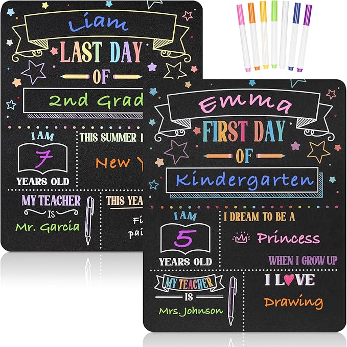 First Day Last Day of School Sign 11x14 Double-Sided Reusable Chalkboard with Chalk Markers - Back to School Gift Photo Prop for Preschool Kindergarten Elementary Kids Memory Keepsake