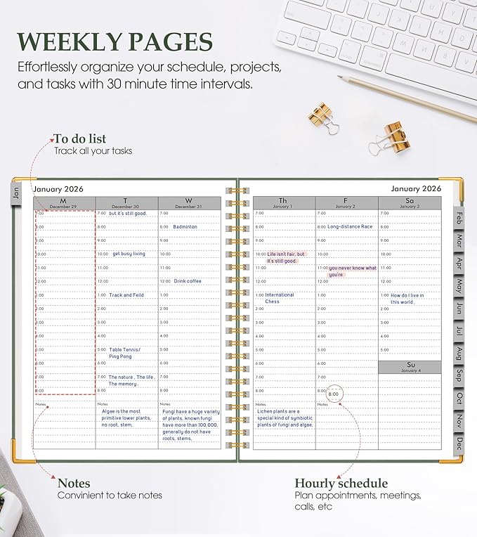 2026 Planner, Weekly and Monthly Calendar Planner from January 2026 - December 2026, 8.5" x 11" Hardcover Leather Hourly Appointment Book with Tabs, Spiral Daily Planners for School Work Home, Green