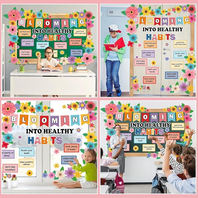 Spring Wildflower Bulletin Board Decorations Set Health Habits Classroom Bulletin Board Border Bloom Colorful Wildflower Decor Floral Paper Cutouts for Back to School Home Wall Chalkboard Supplies
