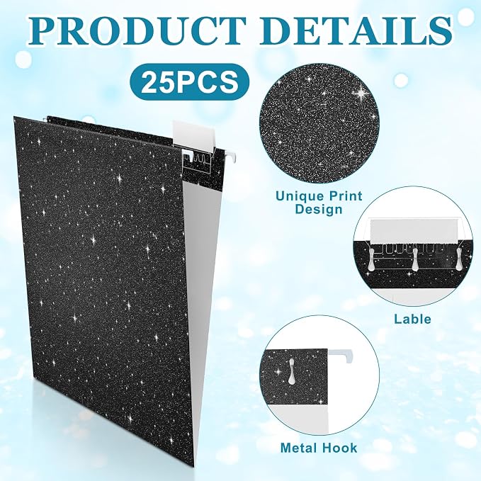 25 Pcs Black Hanging File Folders 12 x 9.25'' Glitter Hanging Folders with 25 Paper 1/5 Cut Adjustable Tab and 25 Plastic Tab for Medical Charts Office Desktop