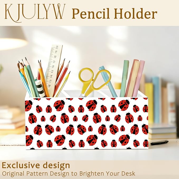 Red Ladybug Pen Holder for Desk, Ladybug Lover Gifts, Cute Lady Bug Decor Wooden Box Pencil Pen Holder Organizer for Home Office Desk Accessories