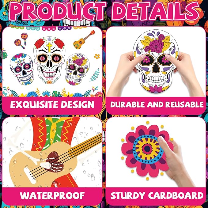 Dia De Los Muertos Bulletin Board Decorations Day of The Dead Altars Decor Colorful Sugar Skull Paper Cutouts Mexican Fiesta Party Supplies for Mexican Home School Halloween Holiday Wall Decor