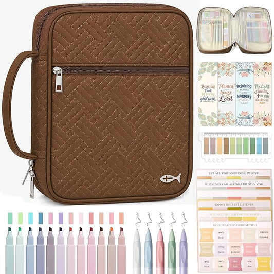 XKDOUS Bible Cover Case for Women, Large Bible Cover with Durable Handle, Washable Quilted Bible Case, Bible Study Supplies & Christian Gifts for Mom, Women, Men (Brown)