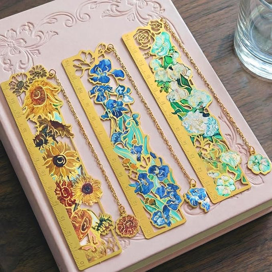 3 piece Metal Bookmarks, Art Series Floral-Themed Bookmarks, Metal Hollow Ruler Bookmarks for Book Lovers, Children, Teenagers, Women