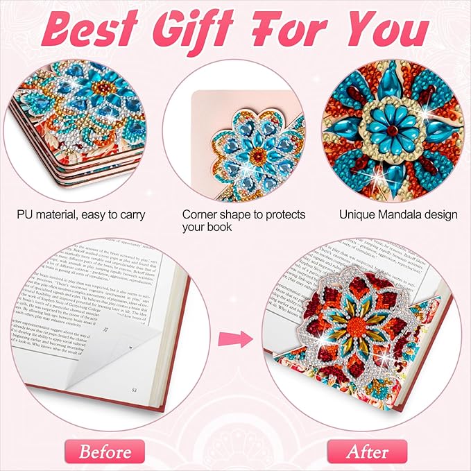 WIVICO 4 pcs Diamond Painting Bookmarks, DIY Diamond Art Kits for Adults, Book Corner - Protecting Bookmark Craft Supplies Kits for Book Lovers(Mandala C)