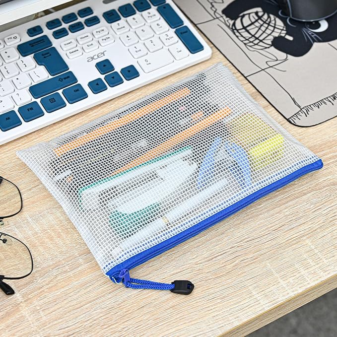 D-KINGCHY 24Pcs Zipper Storage Bags, Plastic Mesh Zippered Pouch for Organization, Waterproof Versatile Bags for Office Supplies School Travel (A5 Size 9.2''x6.7'', Assorted Color Zipper)