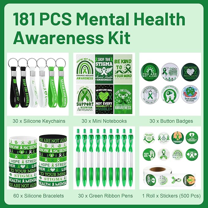 Aodaer 181 Pieces Mental Health Awareness Set Includes Silicone Bracelets, Badge Brooches, Green Ribbon Pens, Keychains, Mini Notebooks, Stickers, Mental Health Awareness Items for Adults Teens Gifts