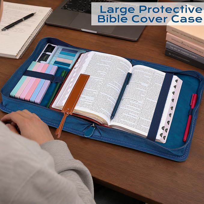 XKDOUS Bible Cover Case Leather Book Carrying Case Large Bible Bag Organizer with Cross, Handle, Pens, Tabs, Study Supplies Journaling Kit Father Day Christian Gifts for Dad, Mom, Men, Women