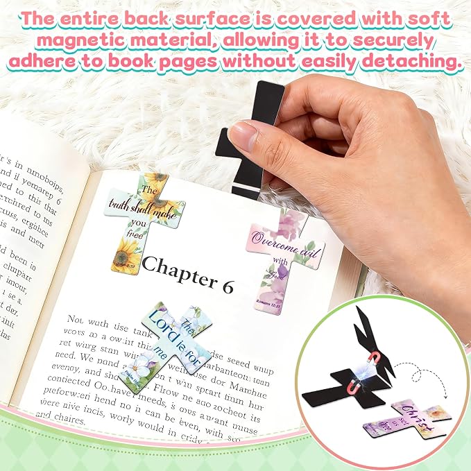 50Pack Magnetic Bookmarks Bulk Cross Bible Bookmark Christian Bookmarks for Women Men Kids Adults Teacher Book Lovers Gifts, Book Marks for Reading Religious Verses Magnet Bookmark Clips (Flower)