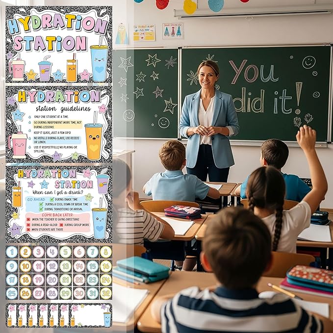 Frienda 67 Pcs Classroom Water Station Decor Set, Hydration Station Posters with Name and Number Stickers, Self-Adhesive Cup Organization Kit for Preschool Elementary School, Back to School Supplies