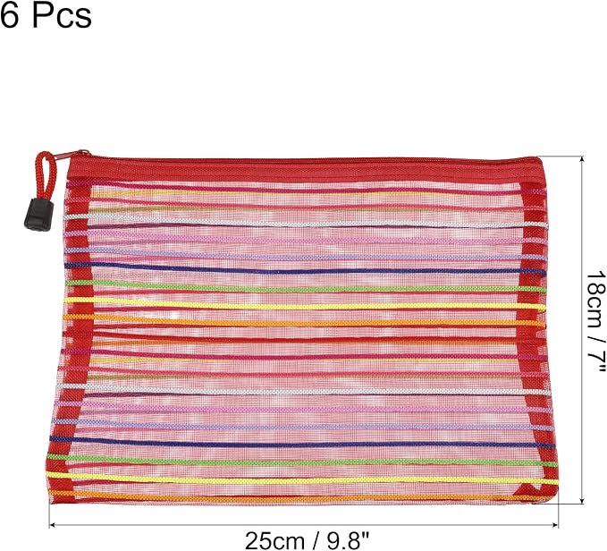MECCANIXITY Mesh Zipper Pouches, A5 Colorful Pencil Case Document File Bags Storage Organizer for Office Supply Travel Accessory, Red Pack of 6