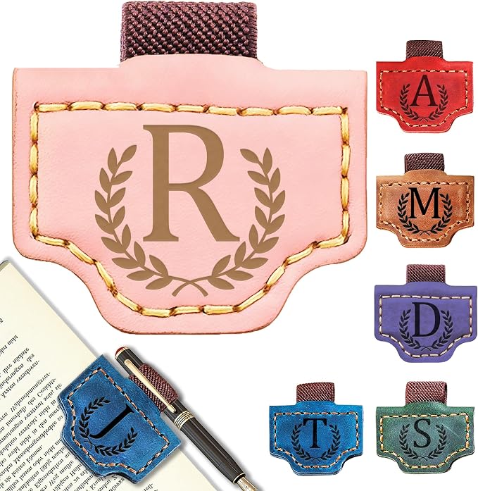 Personalized Leather Magnetic Bookmark with Pen Holder, Bookmark 26 Letters Name Initial Bookmarks for Readers, Book Lover Gifts for Women Men Notebook Accessories (Pink, R)