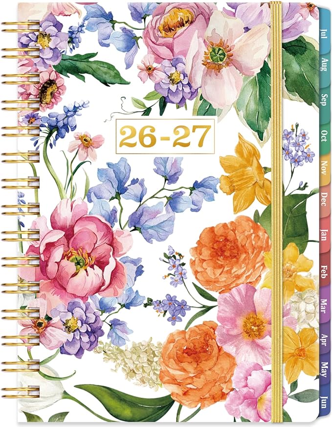 Planner 2026-2027 - Academic Planner 2026-2027, July 2026 - June 2027 Planner Weekly and Monthly Academic Year Planner Calendar, 8.4" x 6.3"，Colorful Tabs, Elastic Closure, Back Pocket, Floral