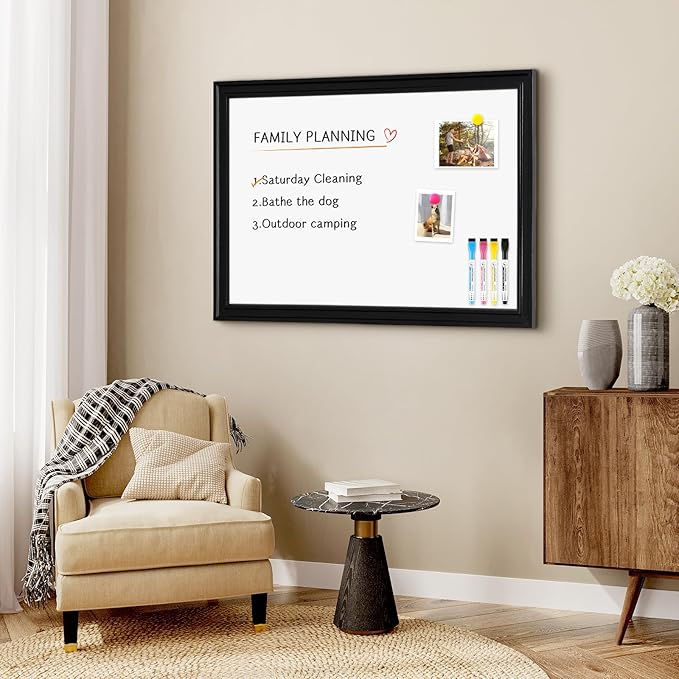 4 THOUGHT Magnetic Whiteboard 36" x 24" Dry Erase Board Wood Frame Wall-Mounted Decorative White Board Monthly Planner Notice Board for Office School Home with 8 Magnets 4 Markers 1 Eraser, Black