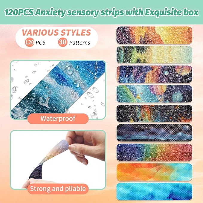 120 Pieces Anxiety Sensory Stickers with 2 Textured Sticker - Desk Fidget and Calming Stickers with Storage Box for Adults & Teens - Anxiety Relief Sensory Strips (Colorful)