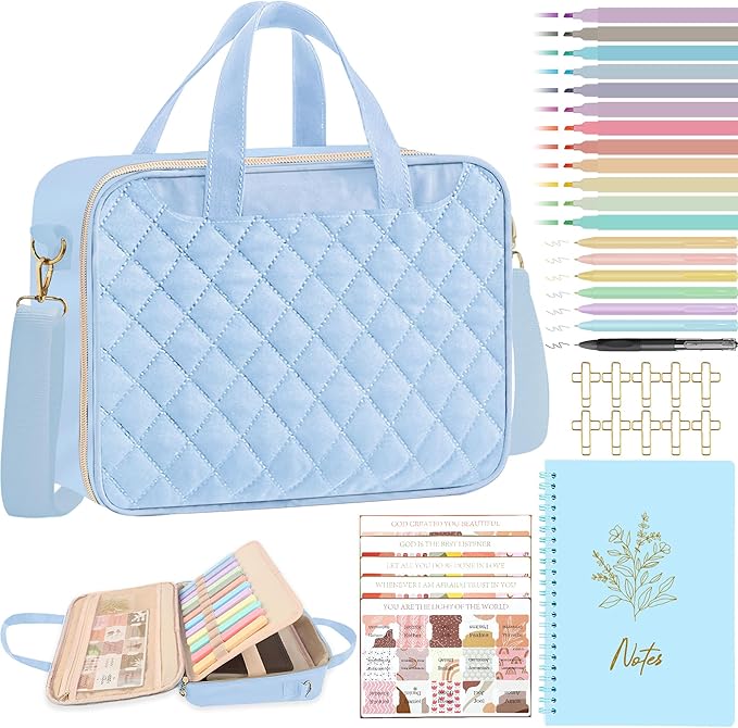 PUGPIU Bible Cover Case for Women, Large Quilted Bible Bag with Shoulder Strap and Handle, Bible Study Supplies Journaling Kit with Highlighters Pens No Bleed Tabs Notebook Cross Clips (Light Blue)