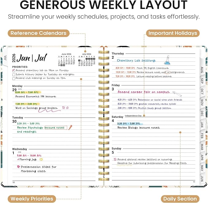 Planner 2026-2027, Academic Year Monthly and Weekly Calendar Planner, Jul 2026 - Jun 2027, Hardcover Teacher Student Planning Agenda book with Tabs, Perfect for School Office Supplies, 6.3" x 8.5" - Mushrooms Grove