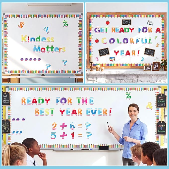 221 Pcs Pencil Bulletin Board Letters, Round Alphabet Number Punctuation Symbol Combo Letter Cutouts, Colorful Classroom Decor for Summer School Classroom Chalkboard Poster Bulletin Board Wall