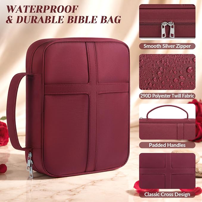 XKDOUS Bible Cover, Large Bible Bag with Durable Handle, Cross Design Waterproof Bible Case with Bible Study Supplies, Christian Gift for Mom, Women and Men (Burgundy)