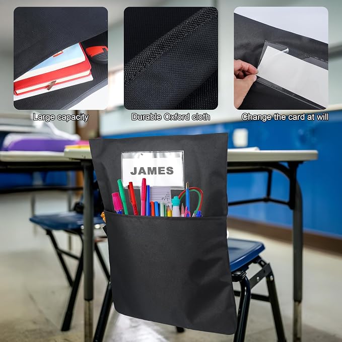 24 PCS Chair Pockets forClassrooms,19.5"x16.5" Seat Sacks for Classroom ChairsK-2, Classroom Student Chair Pockets for Kindergarten,Classroom,School, and Home Seating Storage, Black.