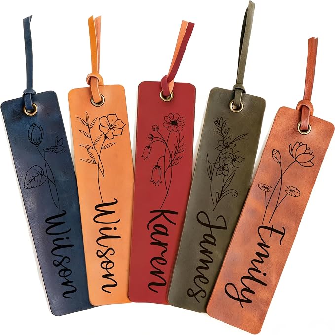 EDSG 5PCS Personalized Bookmark, Leather Bookmark with Birth Flower, Custom Bookmarks for Women, Men, Reading, Book Mark Gifts for Birthday, Christmas, Appreciation Gifts (Style-1, 5PCS)