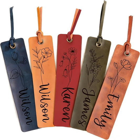 EDSG 5PCS Personalized Bookmark, Leather Bookmark with Birth Flower, Custom Bookmarks for Women, Men, Reading, Book Mark Gifts for Birthday, Christmas, Appreciation Gifts (Style-1, 5PCS)