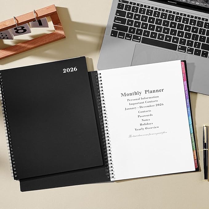 2026 Monthly Planner - Jan 2026 - Dec 2026 Planner/Calendar,12 Monthly Planner with Contacts & Passwords, 8.5" x 11" Planners 2026, Colorful Tabs, Thick Paper, Black