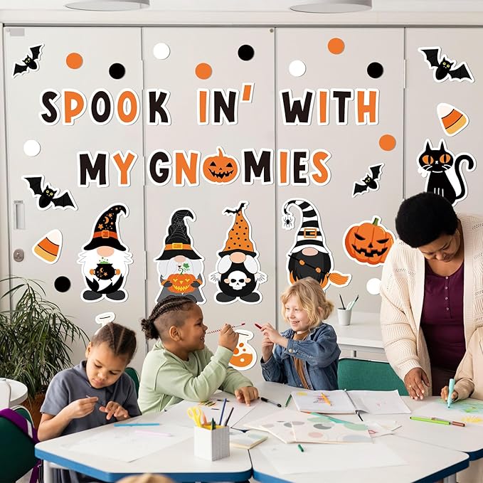 Whaline 113 Pcs Halloween Gnome Bulletin Board Decoration Black Orange Gnome Pumpkin Bats Paper Cutouts with 200 Pcs Glue Points for Holiday Party Home Classroom