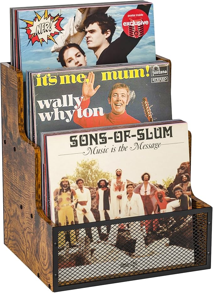 Yuzehuaza Vinyl Record Storage,Stepped 3 Tier LP Vinyl Record Crate,Vinyl Record Album Holder,Holds up to 60 Records,Desktop Metal & Wooden Record Box Case Crate