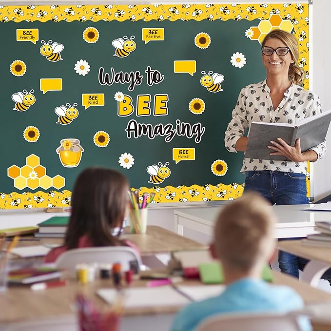 JarThenaAMCS 88Pcs Bee Bulletin Board Decorations Summer Bee Daisy Sunflower Cutouts Inspirational Quotes Name Tags for Back to School Classroom Chalkboard Wall Office Home Decor