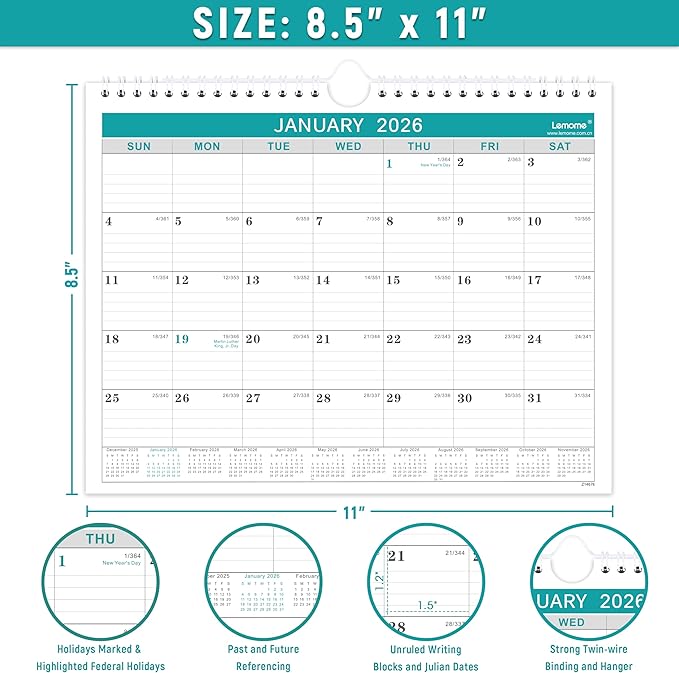 2026 Wall Calendar, 8.5" x 11", January 2026 to December 2026, with Twin-Wire Bound, Writing Blocks