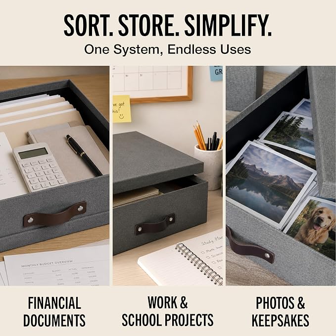 Bigso Box of Sweden Oskar Canvas Fiberboard Document Letter Box - File Organizer Box for Important Paperwork - Document Storage with a Lid & Handle - 3.3 in x 10.2 in x 13.8 in - 3 Pack - Grey