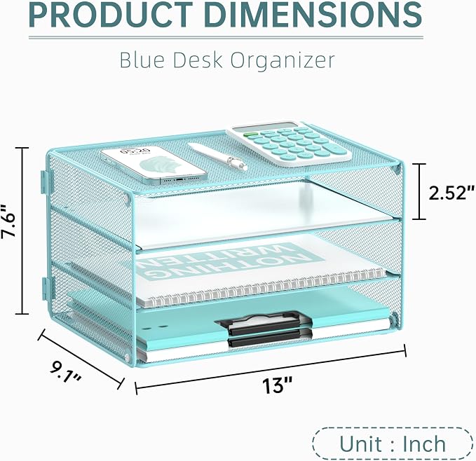 DALTACK 3 Tier Letter Tray Paper Organizer for Desk, Mesh Metal Desk File Organizer with Sliding Trays for Letter/A4 Paper, Mail, Bills & Folders, Blue