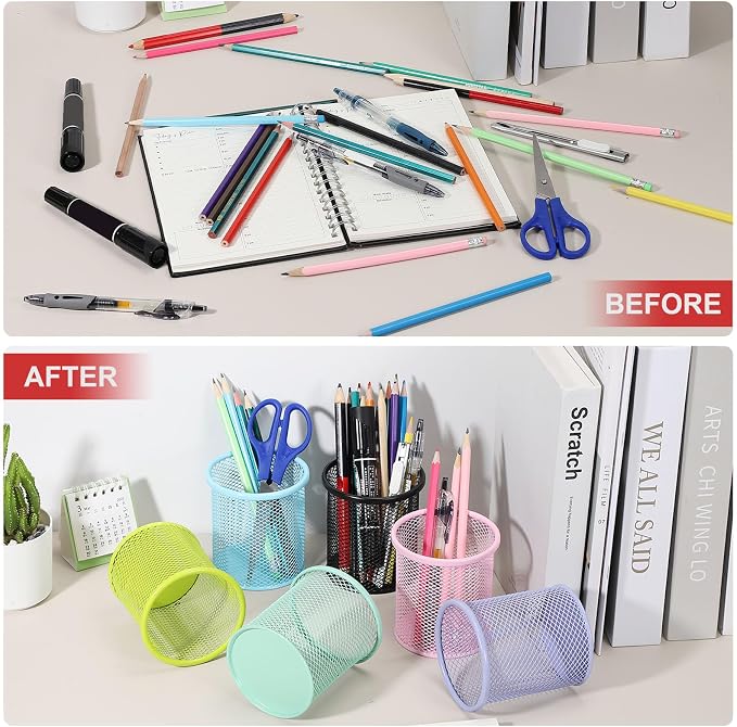 uxcell 2Pcs Mesh Pencil Holder, Metal Pen Cup Desk Organizer Makeup Brush Cup Holder for Home, Office, Classroom(Red)