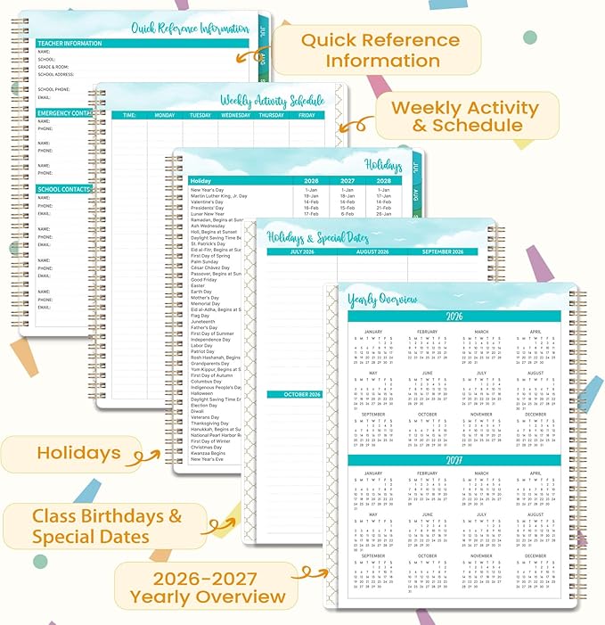 Teacher Planner 2026-2027 - Teacher Lesson Planner, July 2026 - June 2027, 2026-2027 Teacher Planner, Hardcover Planner With Clip & Double-sided Pocket, 9" x 11", Colorful Design