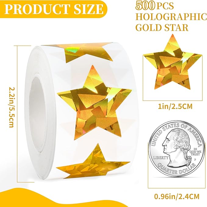 500Pcs 1" Holographic Gold Star Stickers, Large Self-Adhesive Glitter Foil Reward Stickers for Kids, Ideal for Behavior Charts, Student Planners, Teacher Supplies & School Classroom Use