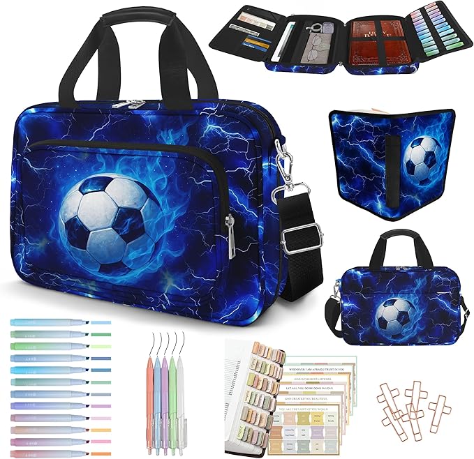 Soccer Large Bible Cover Case for Men Boys, Kids Bible Study Supplies Journaling Kit Book Carrying Case Bible Accessories with Pens Highlighters Cross Clips, Christian Gifts for Men