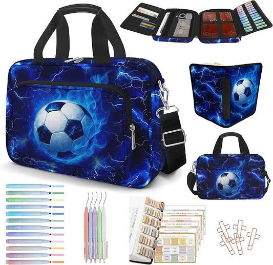 Soccer Large Bible Cover Case for Men Boys, Kids Bible Study Supplies Journaling Kit Book Carrying Case Bible Accessories with Pens Highlighters Cross Clips, Christian Gifts for Men