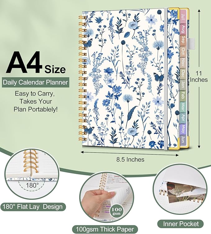 Academic Planner 2026-2027, Hardcover Weekly and Monthly Calendar Planner from July 2026 - June 2027, Daily Agenda Planners with Tabs, College School Organizer for Student Teacher, A4 (8.5" x 11"), Blue Floral