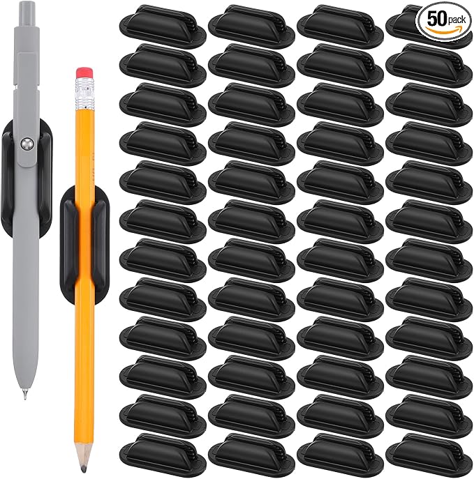 50 Pcs Adhesive Pencil Holders for Desk and Wall, Silicone Marker Organizer for Clipboard Reusable Teacher Supplies for Classroom School Office Desk Accessories (Black)