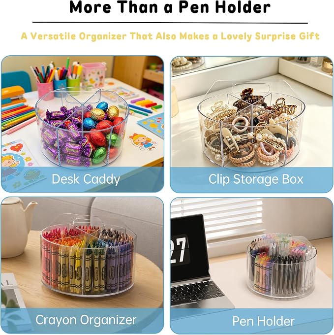 SUPEASY Acrylic Rotating Pencil Holder, 360° Clear Pen & Marker Organizer with 6 Compartments and Carry Handle, Crayon Art Supply Organizer for Desk, Home, Office, Classroom