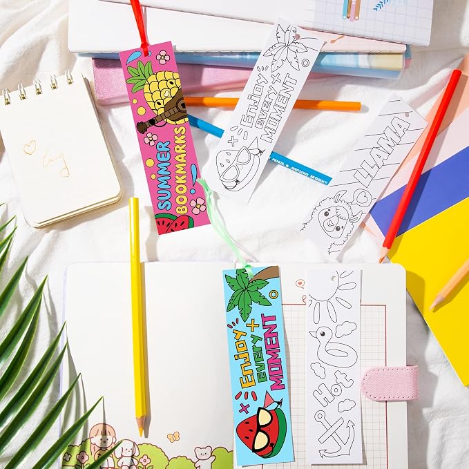 Haooryx Color Your Own Summer Bookmarks - 144Pcs Bulk Kids DIY Coloring Blank Bookmarks Summer Theme Book Marks for Teacher Student Classroom Reward Supplies Paper Art Craft Kit Party Gift Bag Fillers
