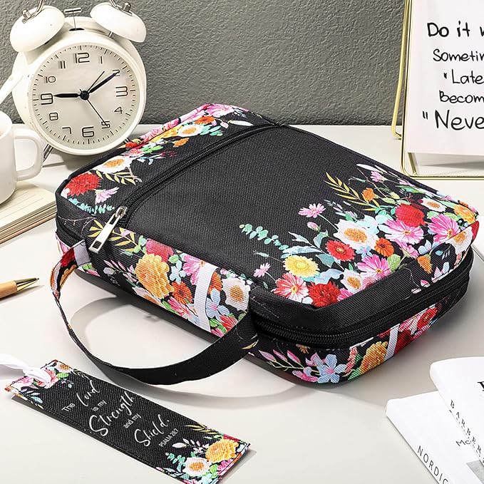 Laumoi Bible Cover Floral Bible Case with Handle and Zippered Back Pocket 10 Inch Women Bible Bag with Bookmark Portable Bible Carrying Case for Bible Study, Outdoor, Daily Commuter (Less Flower)