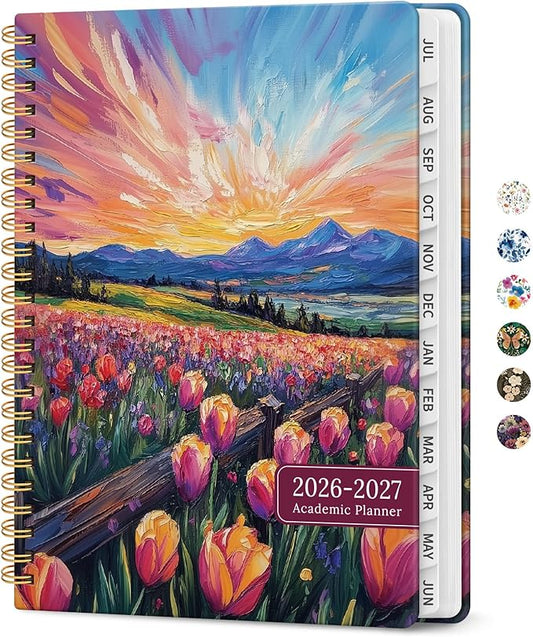 Planner 2026-2027, Academic Year Monthly and Weekly Calendar Planner, Jul 2026 - Jun 2027, Hardcover Teacher Student Planning Agenda book with Tabs, Perfect for School Office Supplies, 8.5" x 11" - Radiant Pastures
