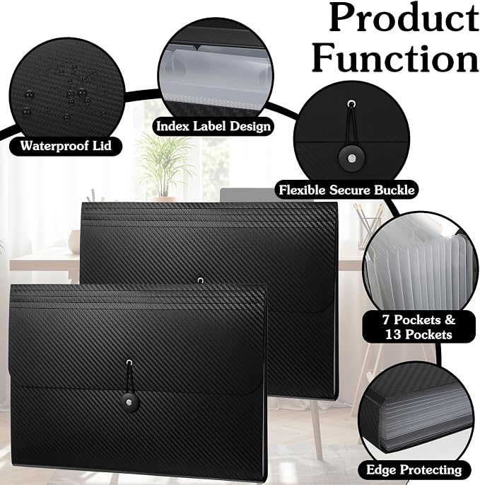 2pcs Expanding File Folders,13 Pockets Accordion File Organizer Document Organizer with Elastic Buckles Closure,A4 Paper Document Organizer for Home School Office