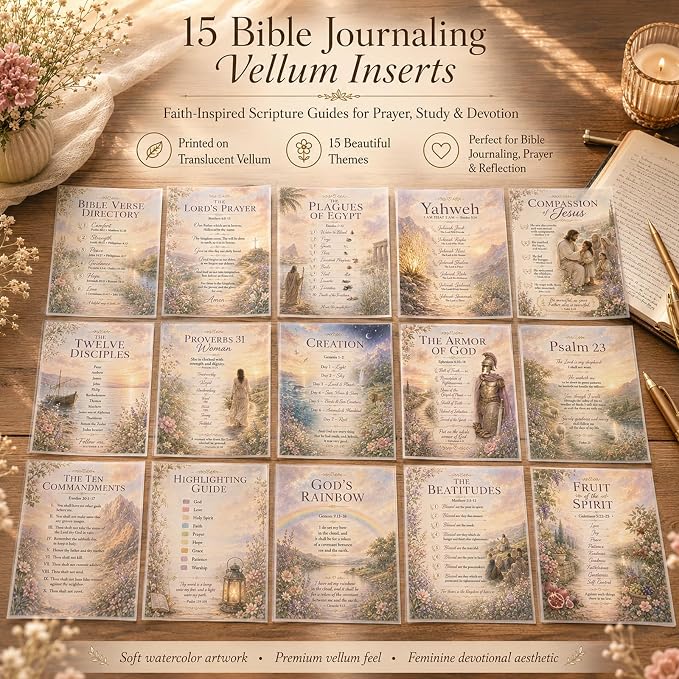 Bible Journaling Inserts Set 15 PCS Translucent Vellum Bible Inserts for Faith Journaling & Bible Study Scripture Inserts and Bible Tip Ins for Christian Journaling Christian Gifts for Women