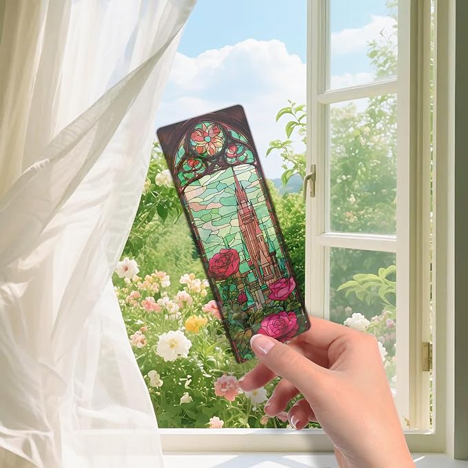 10 Pcs Stained Glass Rose Castle Bookmarks, Aesthetic Transparent PVC Flower Book Mark Set, Matte Frosted Bookmark Gift for Women Girls Readers and Bookworms (6 x 2 Inch)