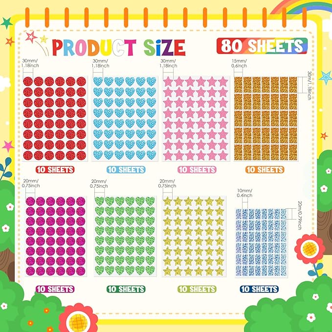 3320 Pcs Large Sparkly Multi Color Geometric Stickers 0.79&1.2in Round Heart Squares Star for Behavior Chart,Crafts Kids Reward DIY Student Classrooms Art Projects Offices